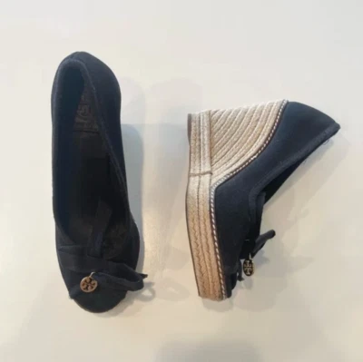Tory Burch Negro Cuña Alpargata Tacón Alto Zapatos Yute Mujer Talla 7.5 Plataforma Foto 1 de 4