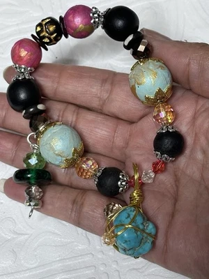 Artisan Charm Bracelet Howlite and Hand Painted Beads Crystal Glass OOAK 0778 G - Image 1 of 4