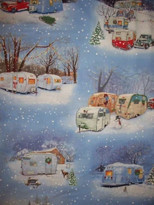 VINTAGE TRAILER RETRO TRAILERS TRUCK WINTER COTTON FABRIC FQ - Picture 1 of 8