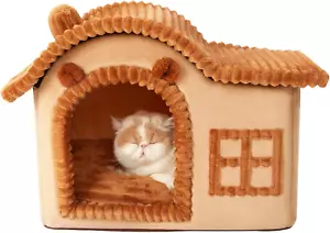 Bear Cat Houses for Indoor Cats, Chimney Cute Cat Bed Cave, Enough Interior Spac - Picture 1 of 7