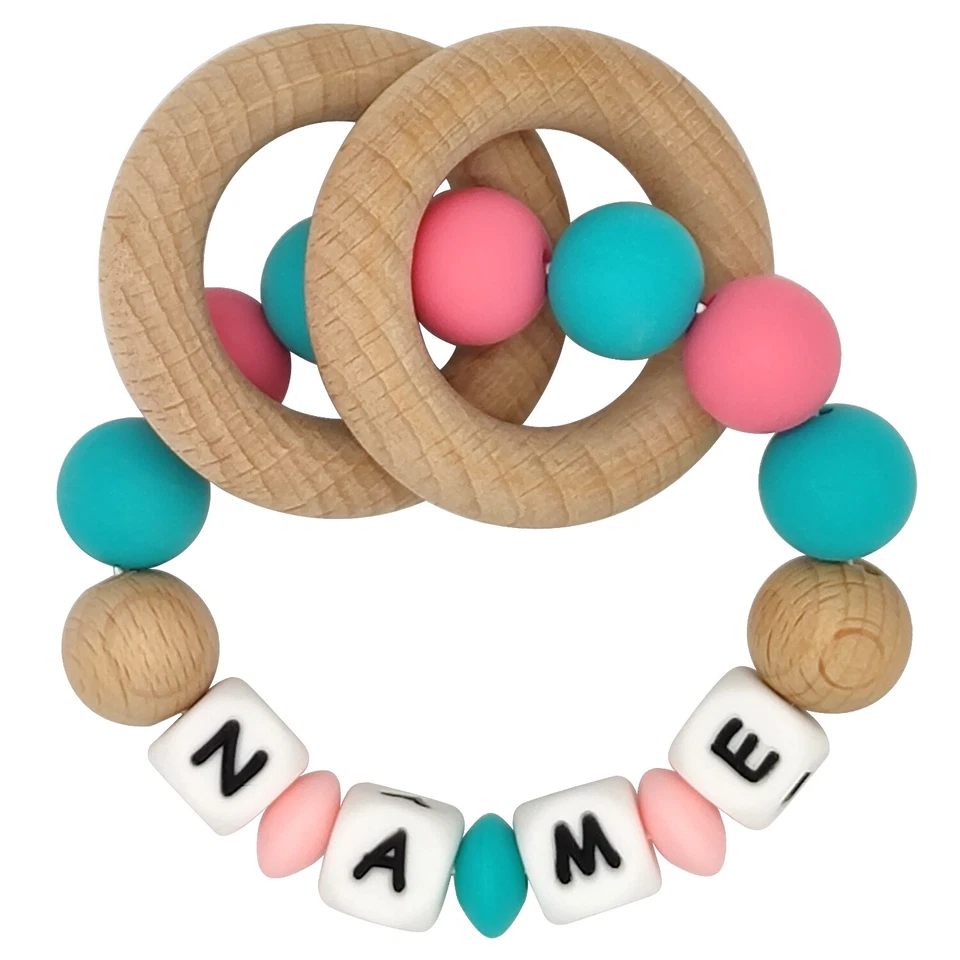 Personalised Name Teething Ring Rattle Toy Teether for Baby Girl Shower Gift - Image 1 of 1