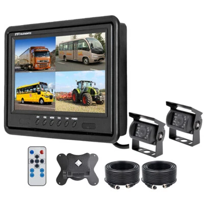 9" QUAD SPLIT MONITOR SCREEN REAR VIEW BACKUP 2x CCD CAMERA KIT FOR BUS TRUCK RV - Image 1 of 4