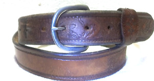 Hand Tooled Brown Leather Belt Silver Buckle Fish On Belt Size 40 1.5 W Vintage