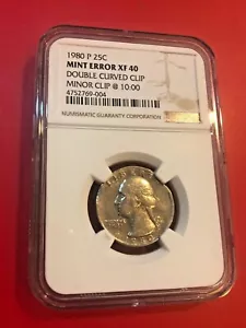 1980 P 25 CENTS MINT ERROR XF 40 DOUBLE CURVED CLIP MINOR CLIP @ 10:00 - Picture 1 of 2