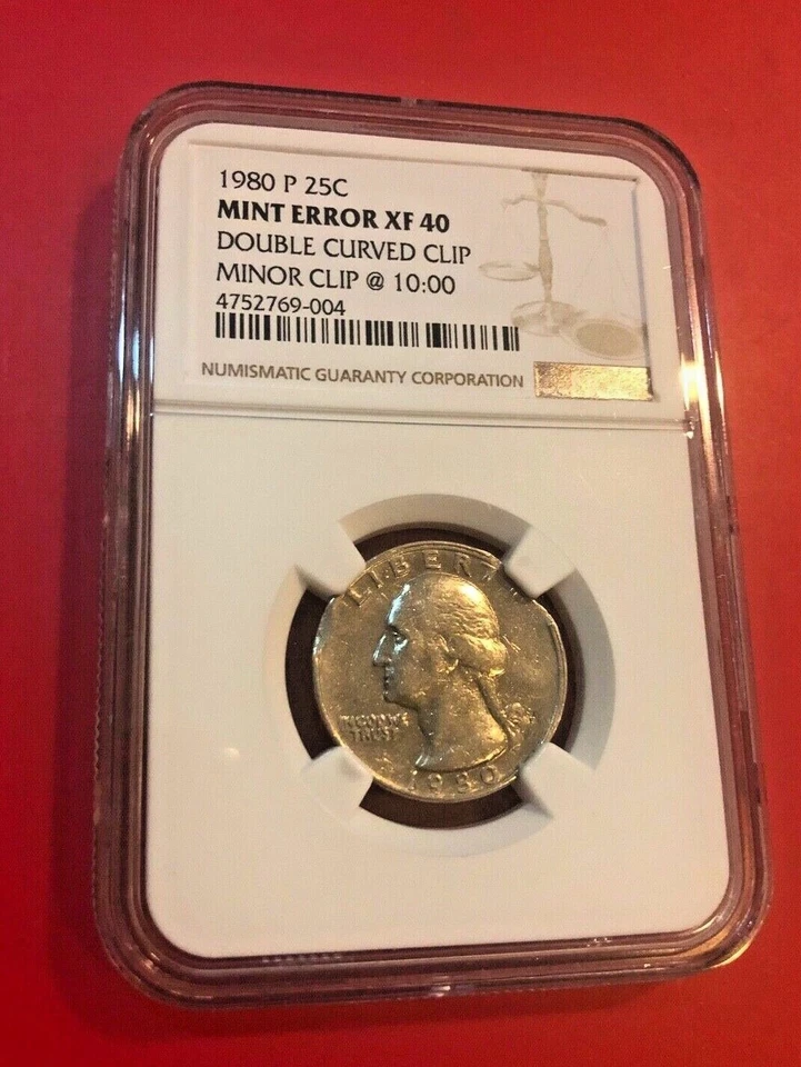 1980 P 25 CENTS MINT ERROR XF 40 DOUBLE CURVED CLIP MINOR CLIP @ 10:00  - Image 1 of 2