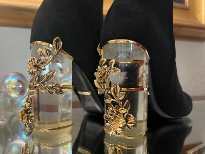 ROBERTO CAVALLI Botines de Gamuza Negros con Apliques Florales Dorados 38 EE. UU. 7,5 Foto 1 de 4
