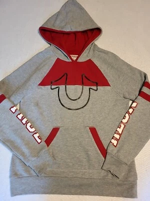 Moletom com capuz True Religion juvenil grande cinza vermelho colorblock soletrado  - Imagem 1 de 4