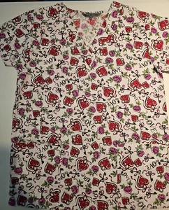 Medical Uniform Scrubs Womens Top Red Floral Key Heart Love Pink Pockets wear - Picture 1 of 33