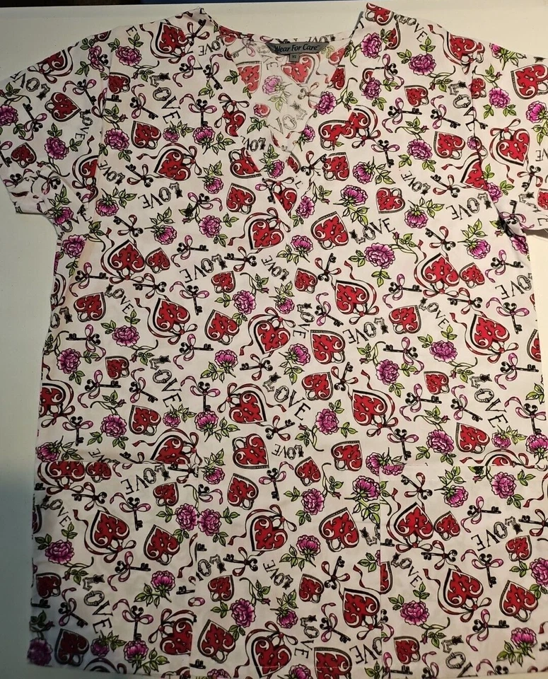 Medical Uniform Scrubs Womens Top Red Floral Key Heart Love Pink Pockets wear - Image 1 of 1