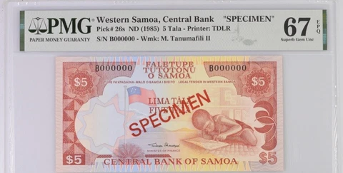 Samoa $5 Tala SPECIMEN 1988 P-26s S/N B000000 Western Samoa , Central Bank Cover