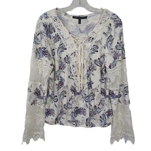 White House Black Market blouse Size L Paisley Print Lace Embroidered Bohemian - Picture 1 of 12