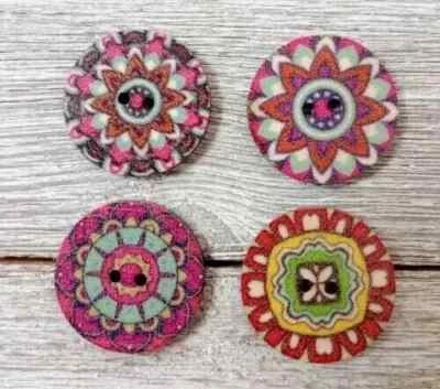 flowers boho wood sewing buttons 2 holes 1 inch red (set #1307) - Image 1 of 2