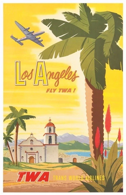 Cartel de viaje TWA Los Ángeles de colección Trans World Airlines 12x8 pulgadas letrero metálico Foto 1 de 1