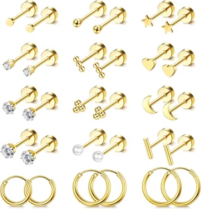Small Hypoallergenic Flat Back Stud Earrings for Women Men 14K Gold Plated Surgi - Picture 1 of 12