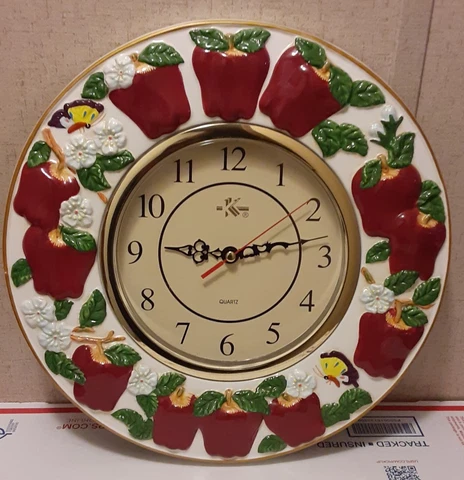 VTG  Analog Ceramic Clock With  Flowers Apples Butterflies   13x13  Signed Cover