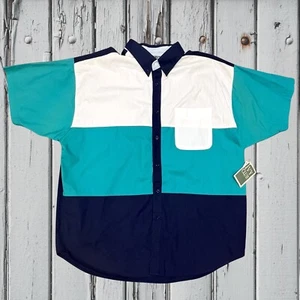 90's Ivy Club Short Sleeve Button Down Shirt XL Color Block Y2K NOS Tags Vintage - Picture 1 of 12