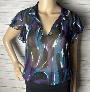 Vintage Twentyone Blouse Medium Sheer Teal Black Purple White Flutter Sleeve Top - Bild 1 von 13