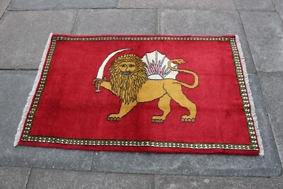 Vintage Traditional Hand Made Oriental Gabbe Wool Red Rug 122x80cm Animal Lion - Image 1 of 4
