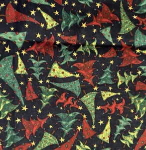 Susan Winget Cotton Fabric CHRISTMAS TREES Black Background 45” BTY - Picture 1 of 3