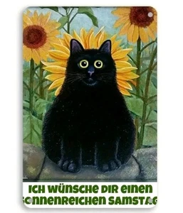Whimsical Black Cat & Sunflowers Metal Tin Sign 8x12 Wall Decor Durable Iron Art - Picture 1 of 5