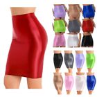 Women Glossy Bodycon Skirt Solid Color High Waist Skirt Stretchy Pencil Skirts