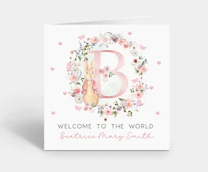 Personalised Baby Girl Card Welcome to the world Pink Floral Peter Rabbit & Name - Picture 1 of 6