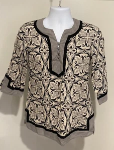 Carole Little Linen Rayon Blouse Women's Medium Black Beige Gray 3/4 Sleeve - Picture 1 of 11