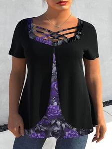 Plus Size Women Floral T-Shirt V Neck Short Sleeve Casual Loose Top Blouse 20-28 - Picture 1 of 2