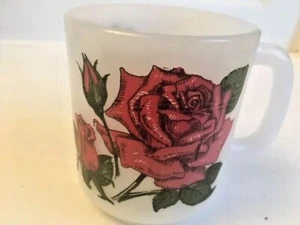 Vtg Glassbake Milk Glass Cup Red Roses The Rose is Symbol of Love RARE - Picture 1 of 6