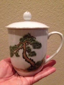 5er Set Vintage BEDECKTE Keramik/Porzellan TASSEN mit 4 DECKELN BONSAI BAUM CHINA - Bild 1 von 12