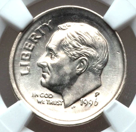 1996-P NGC MS65 Major Broadstruck Multistruck Roosevelt Dime Error Semi-PL Cover