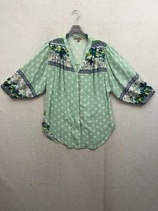 Figueroa & Flower Blouse Women’s Large Mint Boho Peasant Floral Ballon Sleeve - Picture 1 of 11