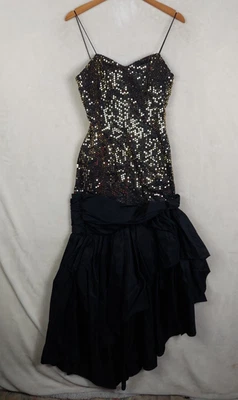 Vestido De Colección J. Reynolds Designs Cintura Caída Negro Dorado Lentejuelas Midi Cóctel Baile de graduación EE. UU. Foto 1 de 4