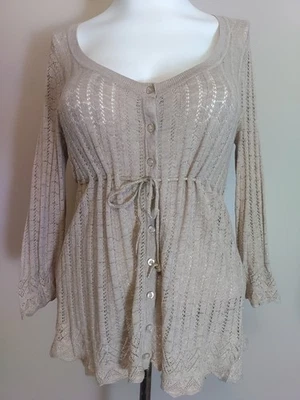 Suéter DKNY Mujer Beige Tejido Abierto Oropel Botones Corbata Cintura Talla XL Foto 1 de 4