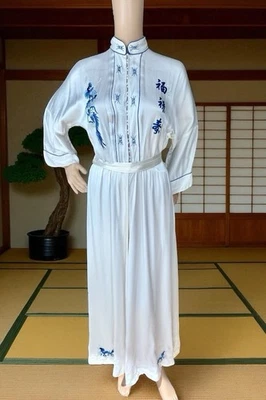 Vestido envolvente dragón seda bordado a mano hecho a mano vintage M blanco perla Foto 1 de 4