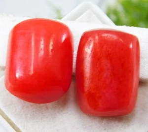 Natural 21.80 Ct Italian Red Coral "Cushion Cabochon" Cut Loose Gemstone Pair - Picture 1 of 6
