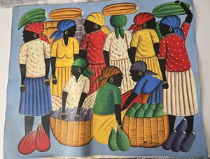 Vintage Beautiful Colorful Haitian Painting On Canvas Signed FanFan "Haiti" - Picture 1 of 11