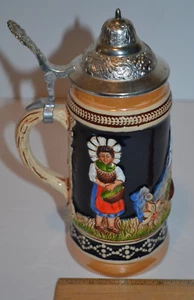 GERMAN Lidded Beer Stein w/ Alphorn 8" Tall w/Pewter Lid Made in Germany by KING - Picture 1 of 11