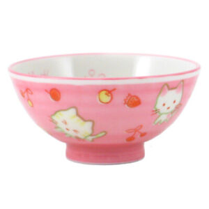 Japanese Chinese Children Rice Soup Bowl 4.25"D Porcelain Pink Cat Made in Japan