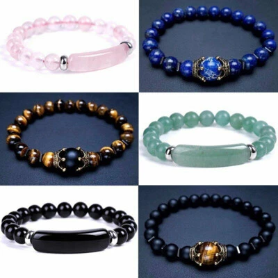 Unisex Natural Gemstone Crystal Bracelet Stretch Beads Crown Bangle Jewelry Gift - Image 1 of 4