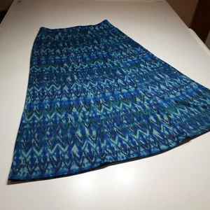 Kim Rogers Maxi Skirt Womens XL Long A-Line Blue Green Ikat Pattern Stretch Boho - Picture 1 of 12