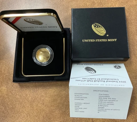 2014-W US Mint Baseball Hall of Fame $5 Gold Uncirculated Coin OGP BU Cover