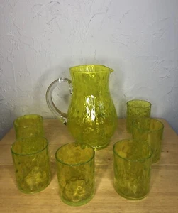 Canary Yellow Glass COIN DOT Thumbprint PITCHER & 6 GLASSES *READ - Picture 1 of 20