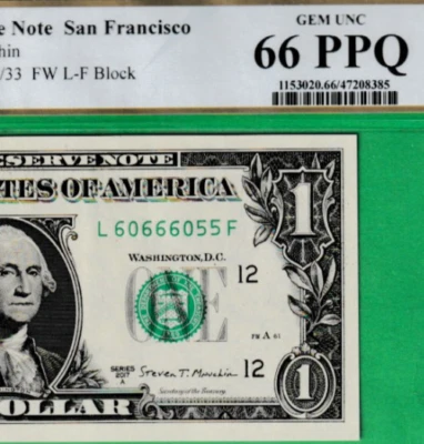 $1  Federal Reserve note  FANCY  Serial Numbers  60666055 PCGS 66 - Image 1 of 3