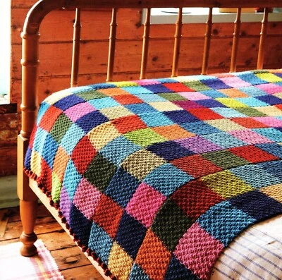 Blanket patchwork knitting pattern bed spread in Aran or DK. Cottage look.
