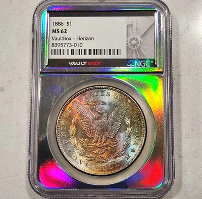 1886 Morgan Silver Dollar ~ NGC MS62 Vaultbox Rainbow Toned Reverse Mounted Holo - Image 1 of 3