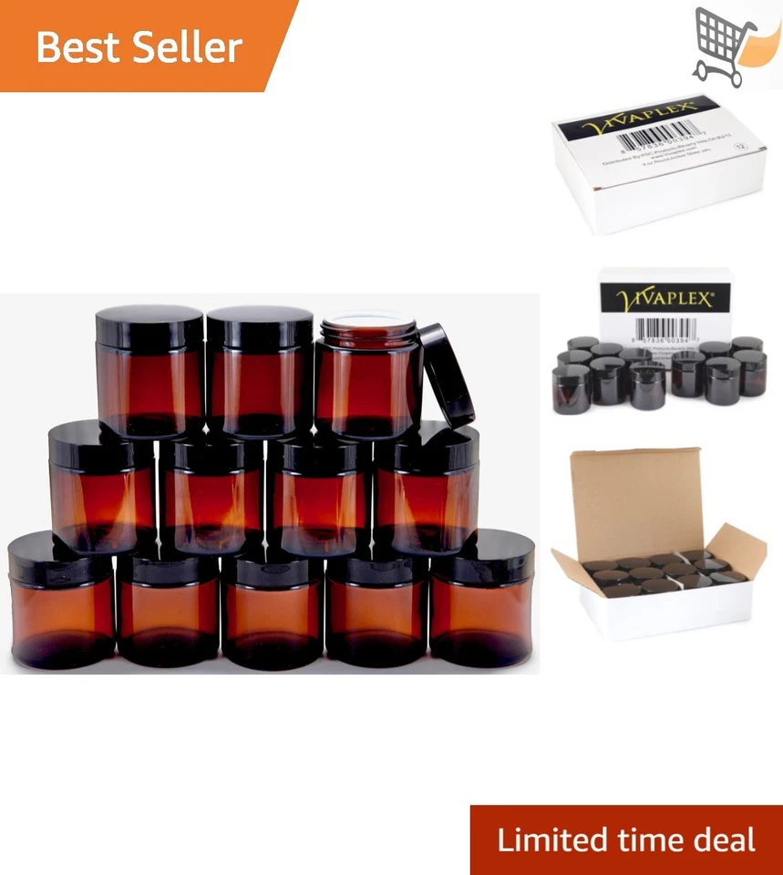 Vivaplex 12 Amber 4 Oz Round Glass Jars With Inner Liners and Black Lids