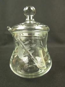 Vintage Etched Floral Design Glass Jam, Jelly Condiment Jar w/ Lid & Spoon Boxed - Picture 1 of 9