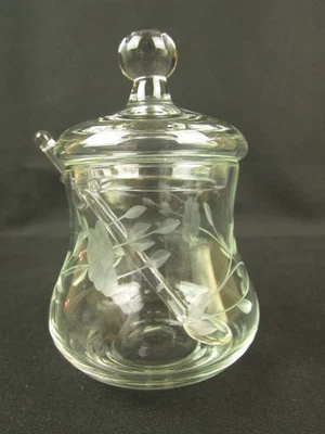 Vintage Etched Floral Design Glass Jam, Jelly Condiment Jar w/ Lid & Spoon Boxed - Image 1 of 4