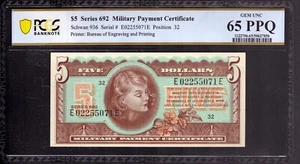 SERIES 692 $5 MILITARY PAYMENT CERTIFICATE MPC PCGS B GEM UNC 65 PPQ - Picture 1 of 4